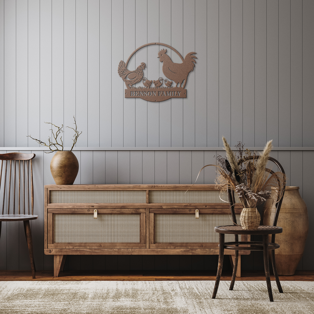 Personalized Custom Metal Farmhouse Sign with Chicken Family
