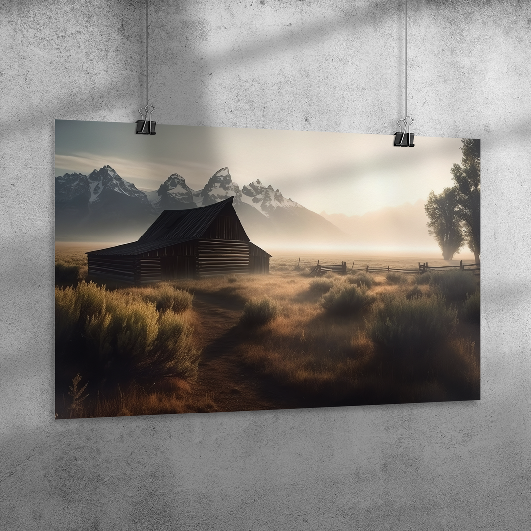 Cabin in the Mist with the Wyoming Tetons in the Background Poster: 36x24 Wall Art AnywherePOD