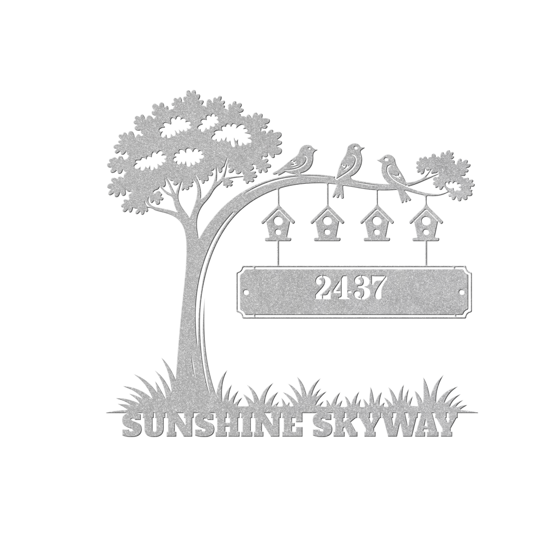 Personalized Metal Address Sign - Elegant Outdoor Plaque tree and birds