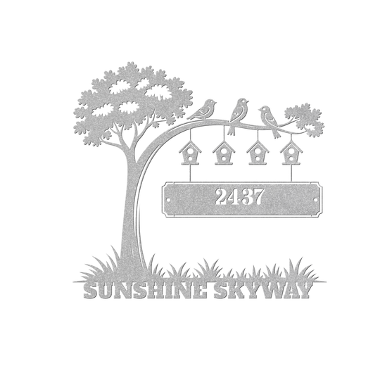 Personalized Metal Address Sign - Elegant Outdoor Plaque tree and birds
