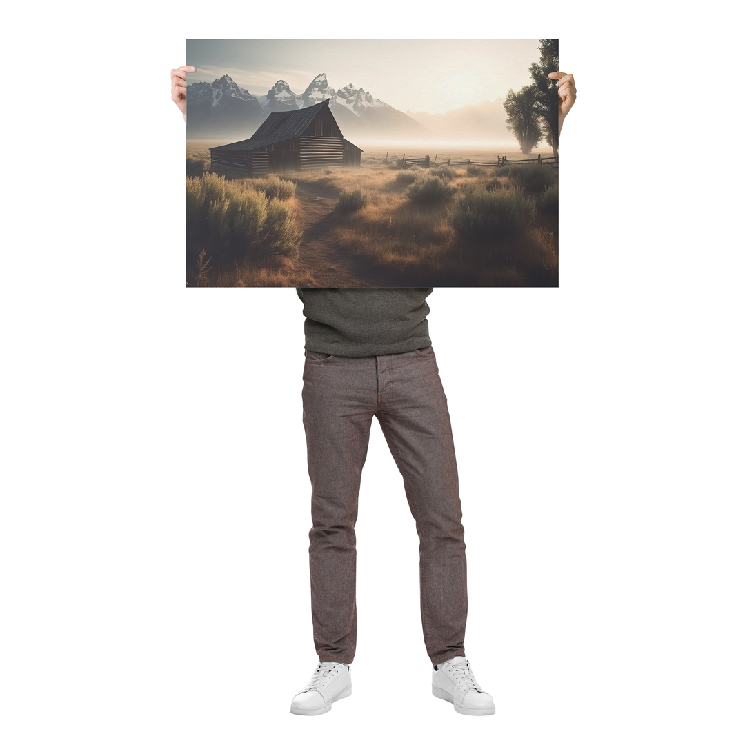 Cabin in the Mist with the Wyoming Tetons in the Background Poster: 36x24 Wall Art AnywherePOD