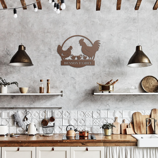 Personalized Custom Metal Farmhouse Sign with Chicken Family