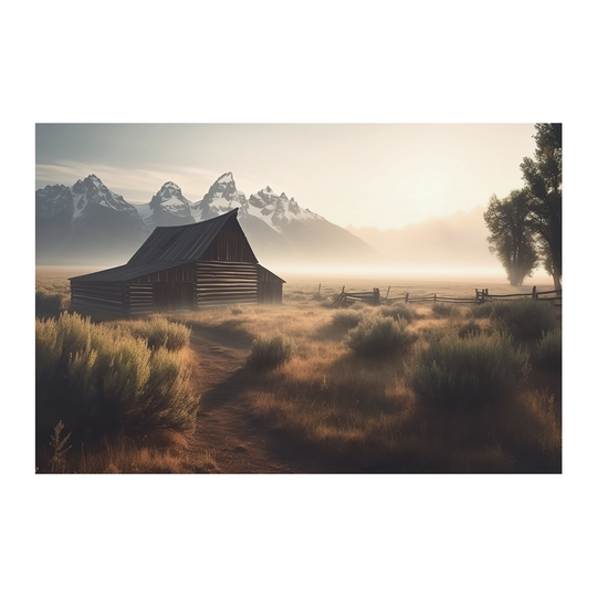 Cabin in the Mist with the Wyoming Tetons in the Background Poster: 36x24 Wall Art AnywherePOD