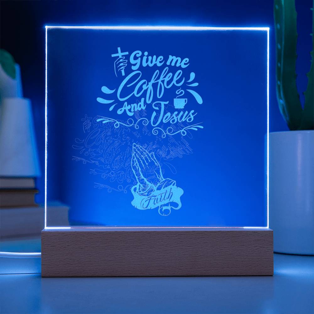 coffee and Jesus engraved square plaque with a wooden base LED Signs ShineOn Fulfillment Battery LED Base