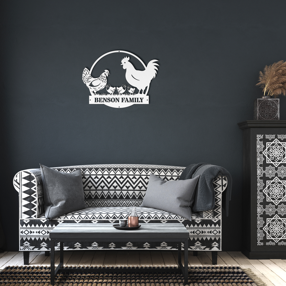 Personalized Custom Metal Farmhouse Sign with Chicken Family