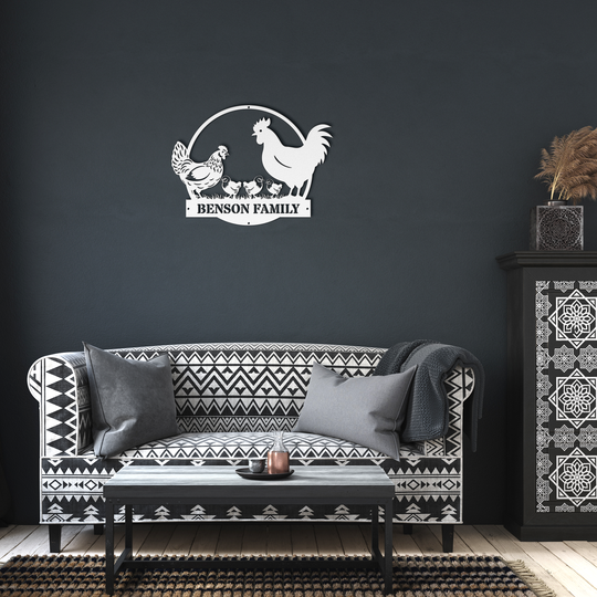 Personalized Custom Metal Farmhouse Sign with Chicken Family