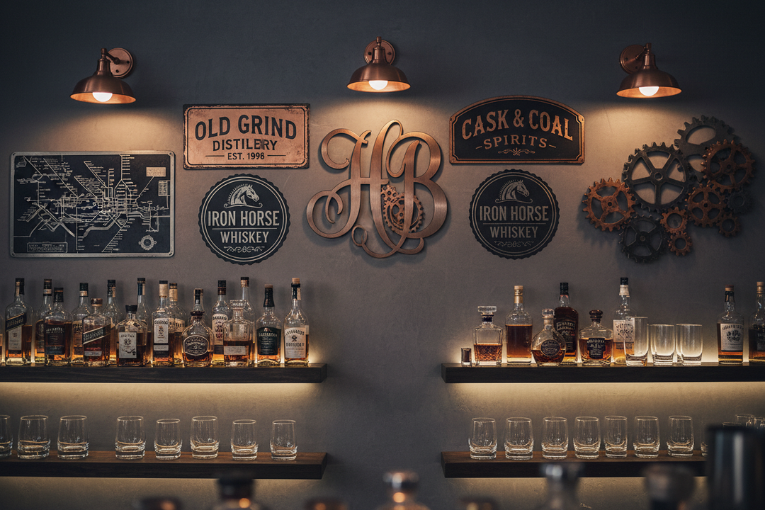 How to Style a Home Bar Wall with Metal Signs and Art