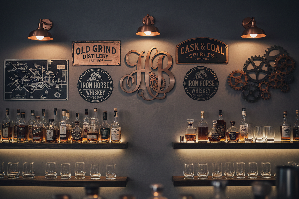How to Style a Home Bar Wall with Metal Signs and Art