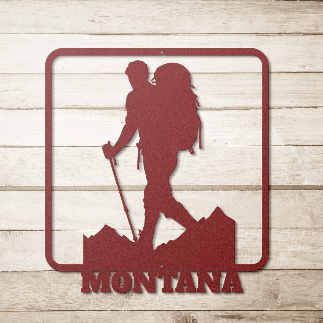 Die-Cut Metal Signs custom text with hiker image