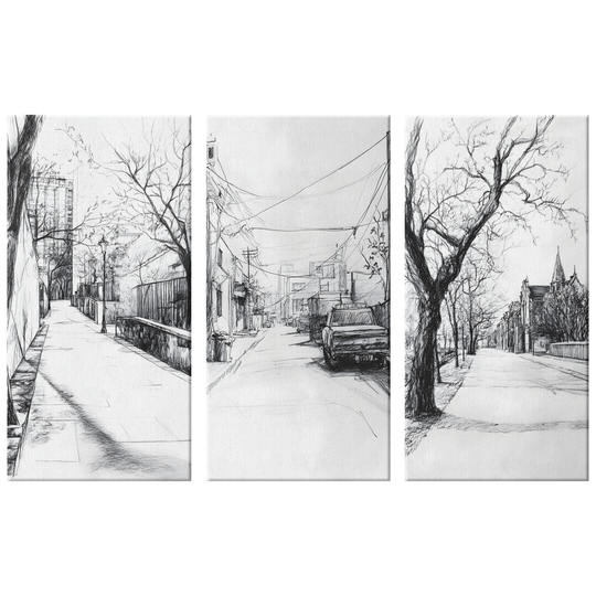 Charcoal Sketch style  Urban Canvas Art - 3 Piece Set