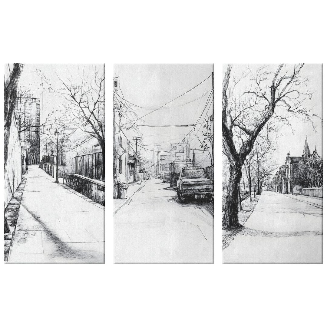 Charcoal Sketch style  Urban Canvas Art - 3 Piece Set