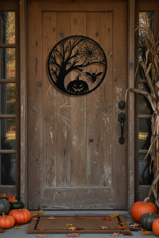 Halloween Tree Metal Sign with Pumpkin, Spider and Web