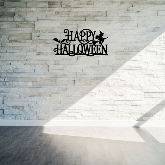 Happy Halloween Metal Sign with Witch and Bat Wall Decor