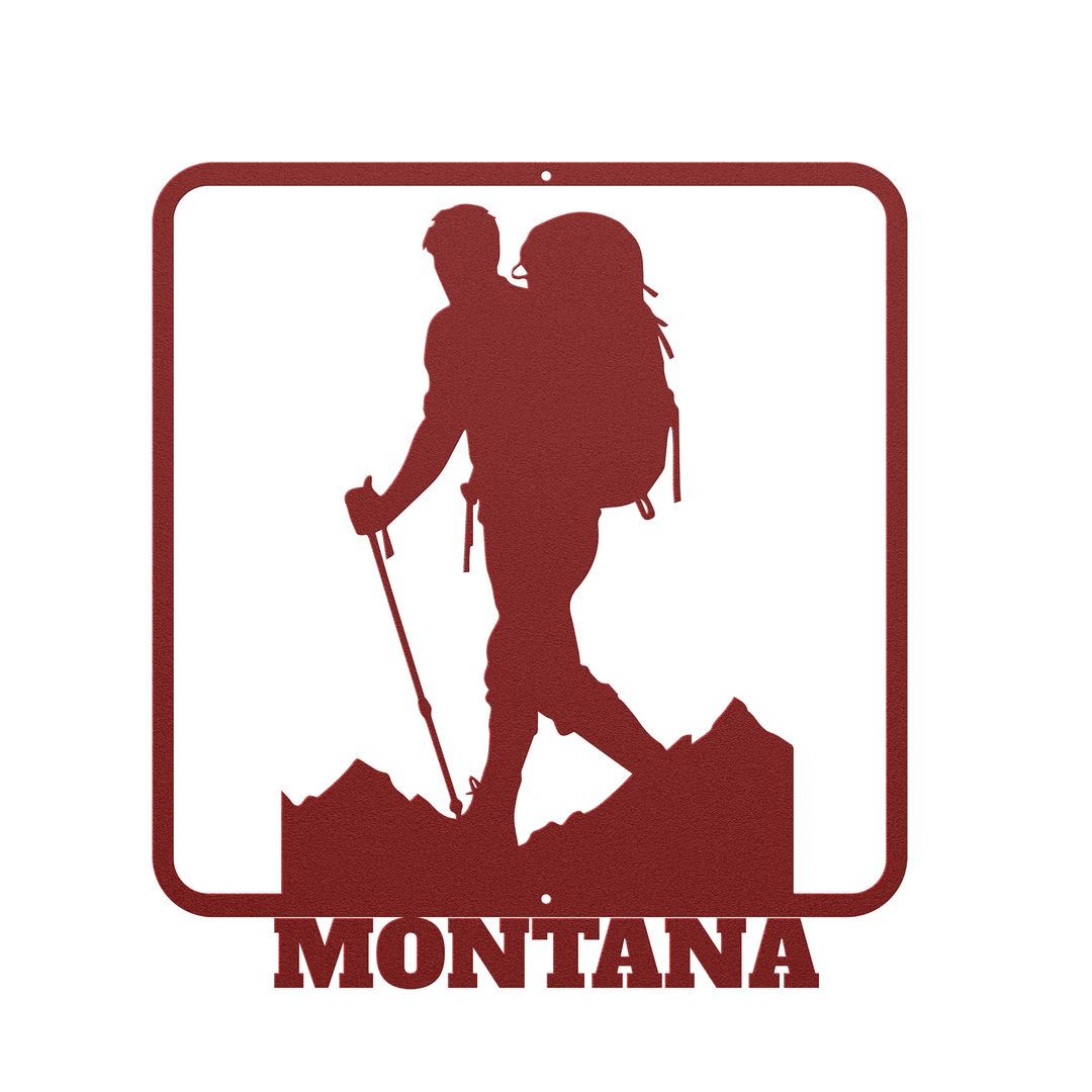 Die-Cut Metal Signs custom text with hiker image