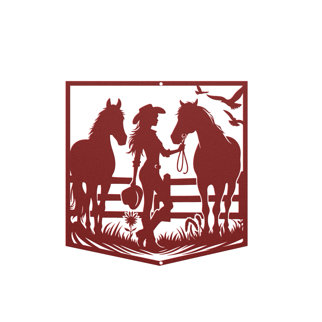 Die-Cut Metal Signs custom image of cowgirl with horses