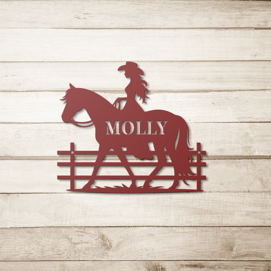 Die-Cut Metal Signs custom text with cowgirl  and horse image