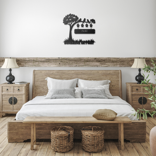 Personalized Metal Address Sign - Elegant Outdoor Plaque tree and birds