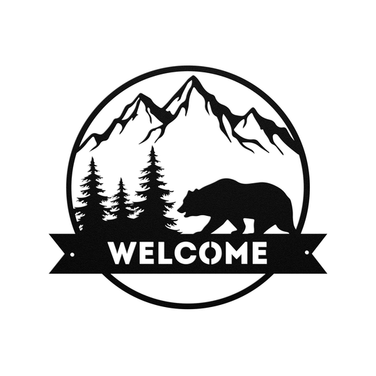 Die-Cut Metal Signs welcome sign with bear image