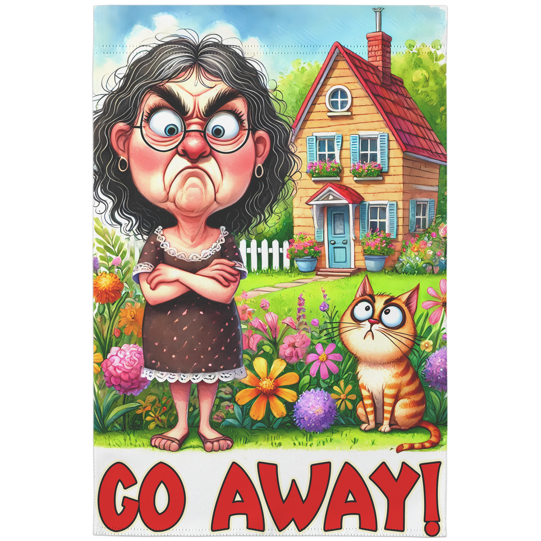 Funny Garden Flag with Grumpy Woman & Cat Art