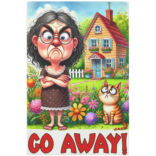 Funny Garden Flag with Grumpy Woman & Cat Art
