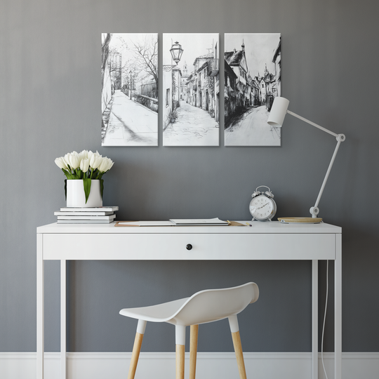 3 Piece Black White Triptych Canvas - Urban Street Scenes charcoal style