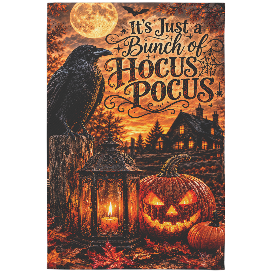 Hocus Pocus Halloween Garden Flag with Raven and Pumpkin