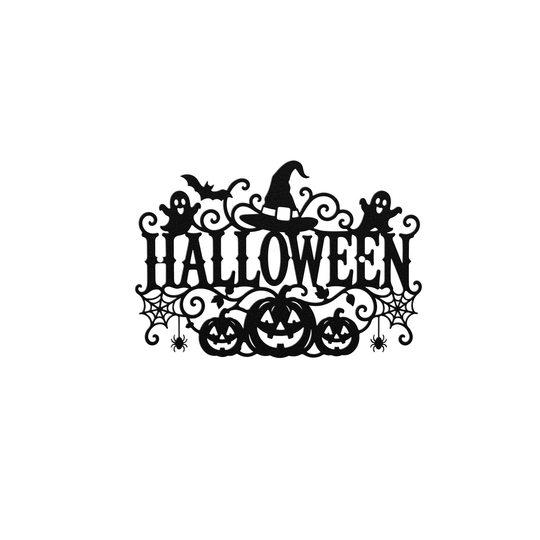Halloween Metal Wall Sign with Pumpkins, Ghosts and Witch Hat