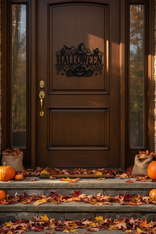 Halloween Metal Wall Sign with Pumpkins, Ghosts and Witch Hat