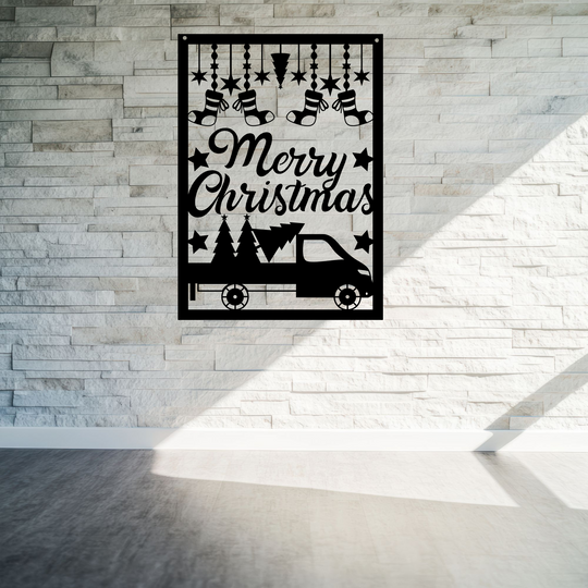 Merry Christmas Metal Wall Sign with Vintage Truck Design