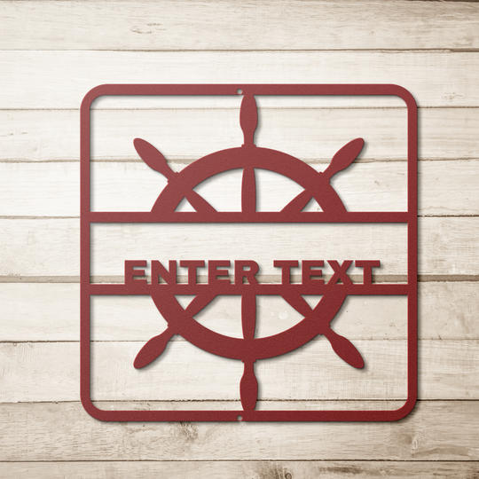 Die-Cut Metal Signs ships wheel with text