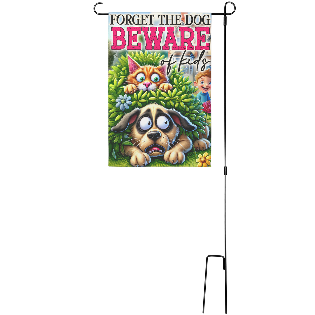 Funny Garden Flag - Beware of Kids Sign with Cat and Dog