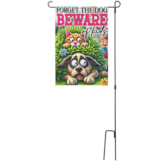 Funny Garden Flag - Beware of Kids Sign with Cat and Dog