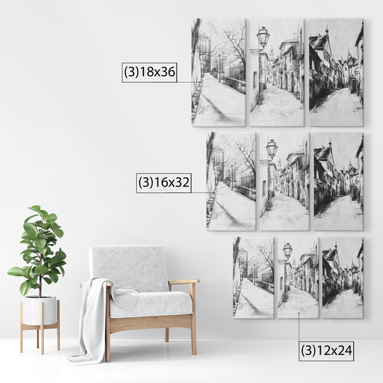 3 Piece Black White Triptych Canvas - Urban Street Scenes charcoal style