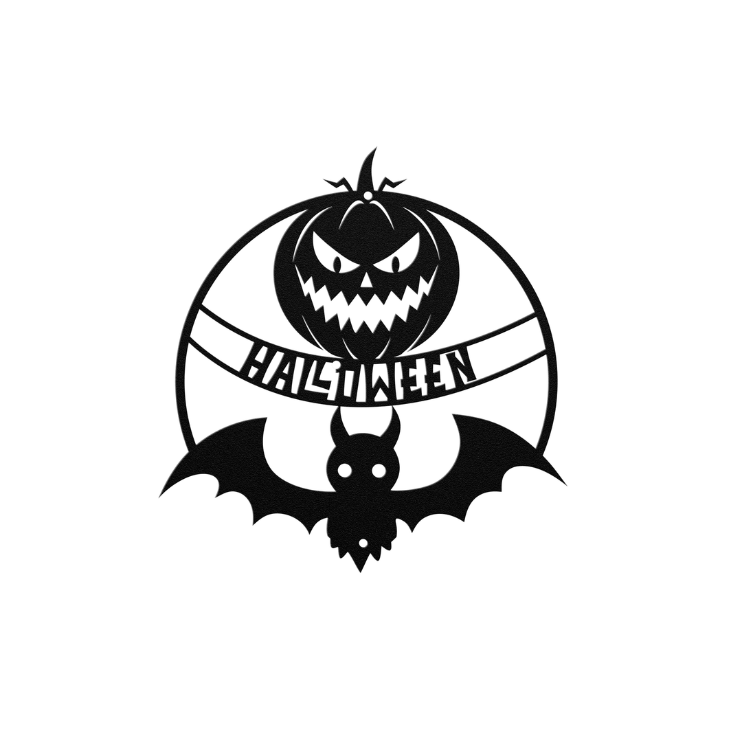 Die-Cut Metal Signs Halloween art with scarry pumpkin and bat