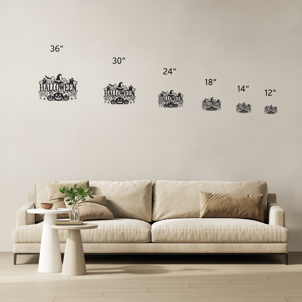 Halloween Metal Wall Sign with Pumpkins, Ghosts and Witch Hat