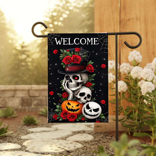 Gothic Halloween Skeleton Garden Flag with Roses and Pumpkin