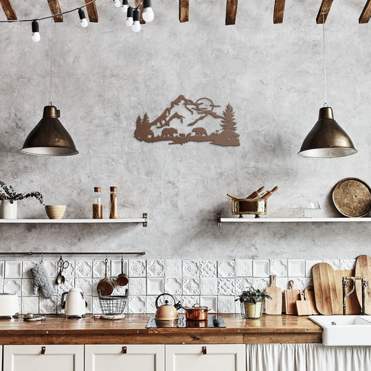 Bear Wildlife Metal Wall Art - Rustic Mountain Scene Decor