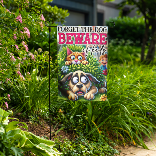 Funny Garden Flag - Beware of Kids Sign with Cat and Dog