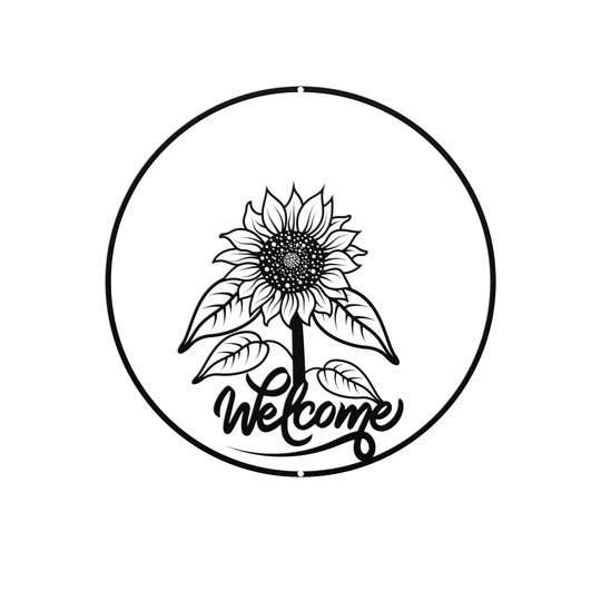 Die-Cut Metal Signs featuring a sunflower and a welcome