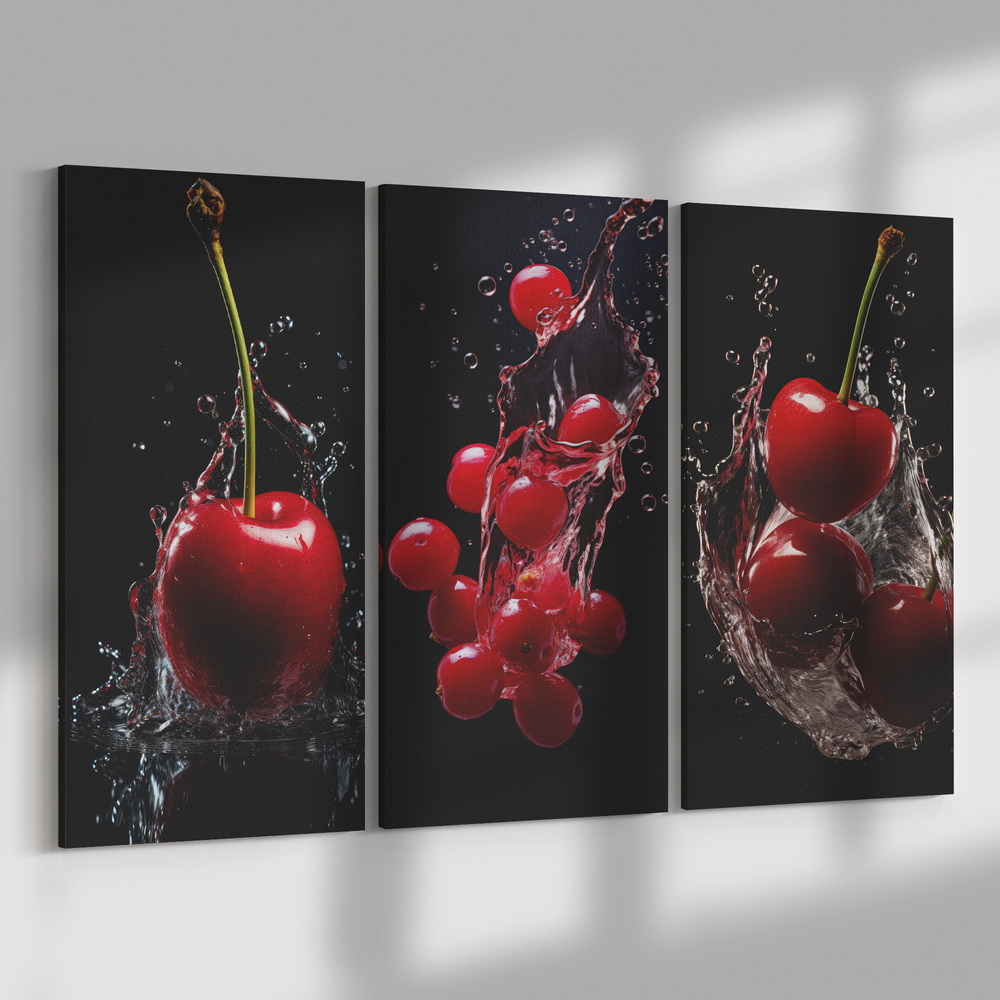 3 Piece Canvas cherries in water splash Canvas AnywherePOD (3) 12" x 24"