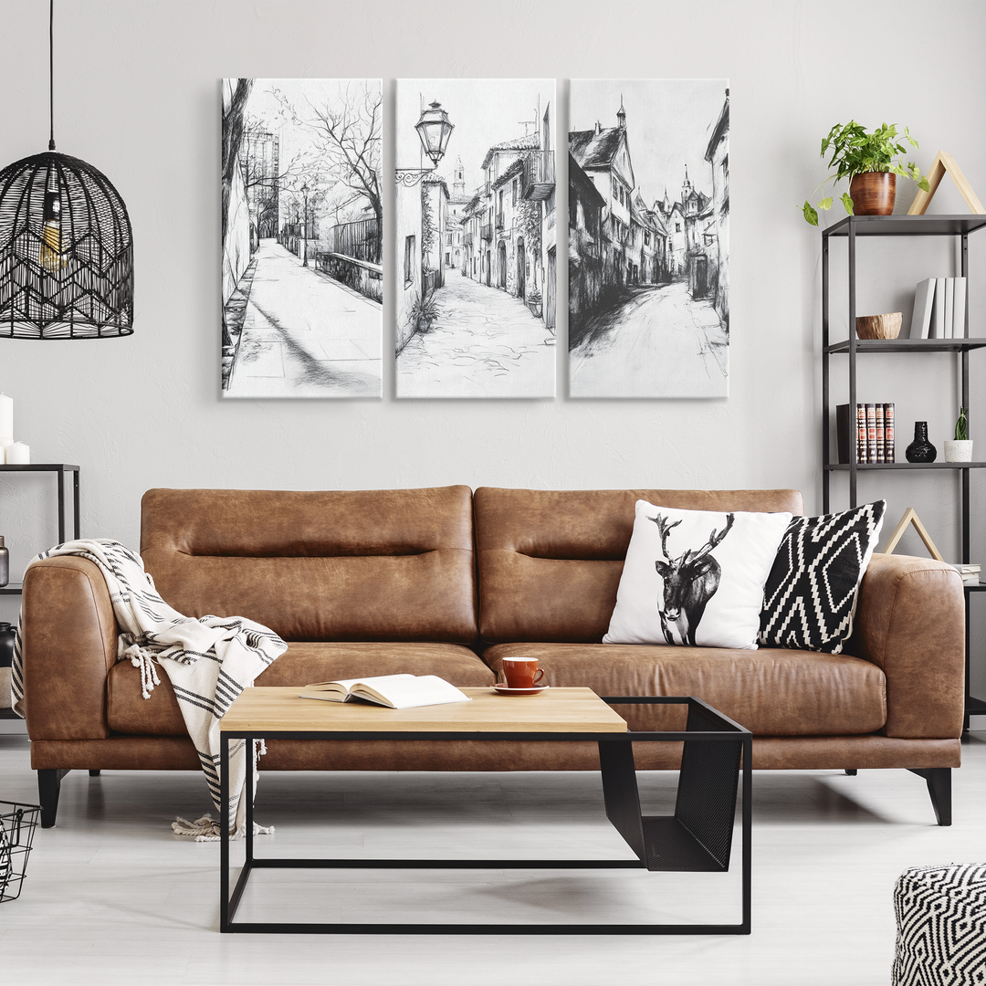 3 Piece Black White Triptych Canvas - Urban Street Scenes charcoal style