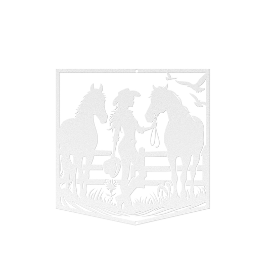 Die-Cut Metal Signs custom image of cowgirl with horses