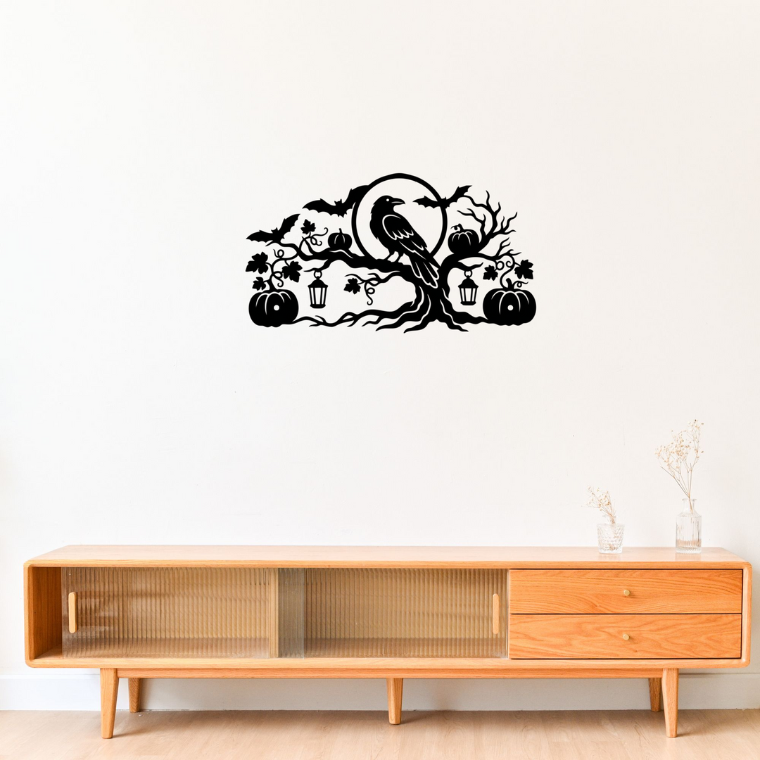 Halloween Raven Metal Wall Art with Pumpkins and Twisted Tree
