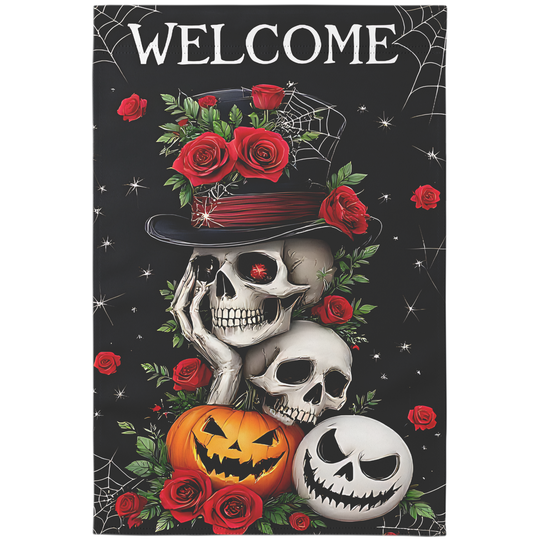 Gothic Halloween Skeleton Garden Flag with Roses and Pumpkin