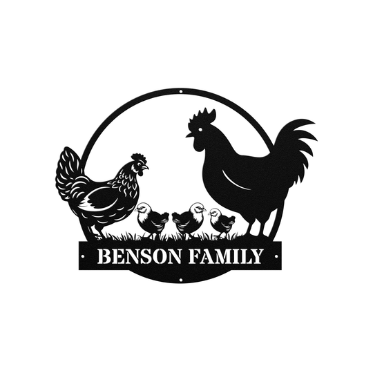 Personalized Custom Metal Farmhouse Sign with Chicken Family