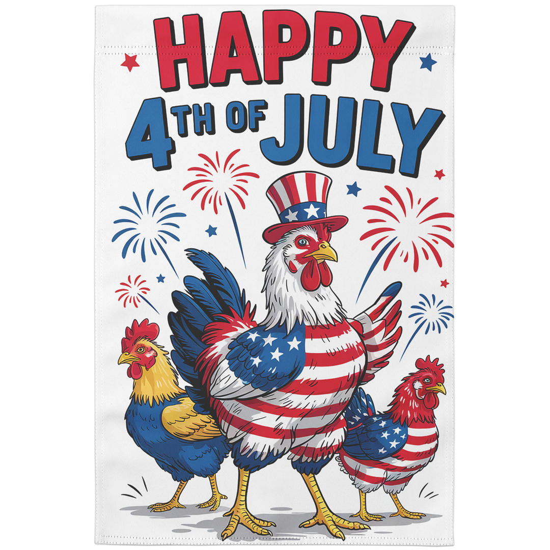 Funny 4th of July Garden Flag featuring chickens
