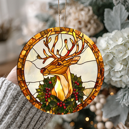Stained Glass Reindeer Ornament - Holiday Ceramic Decor