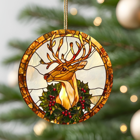 Stained Glass Reindeer Ornament - Holiday Ceramic Decor