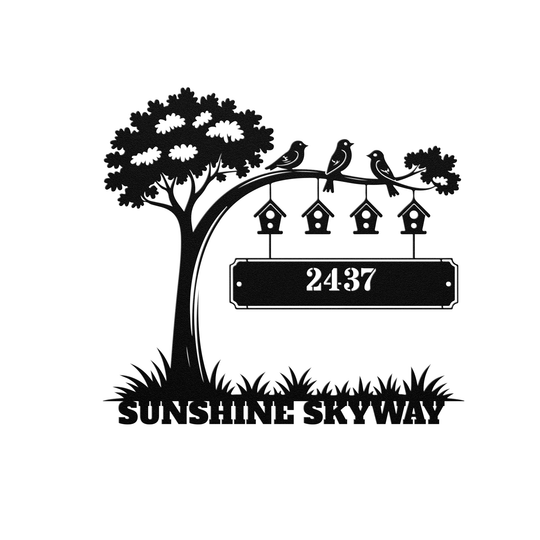 Personalized Metal Address Sign - Elegant Outdoor Plaque tree and birds