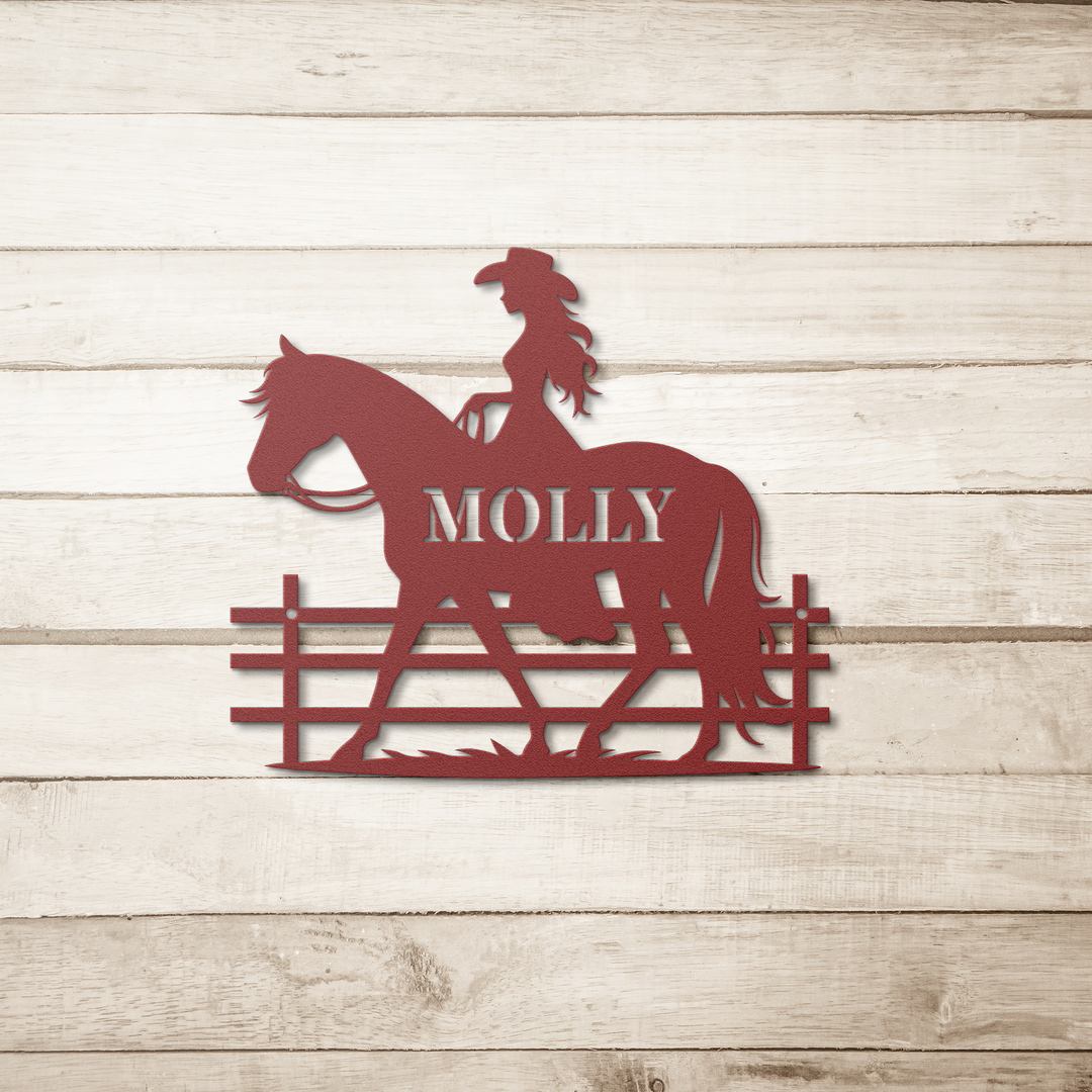 Horse metal wall art, custom text with cowgirl and horse image Wall Art AnywherePOD Red 36 Inch